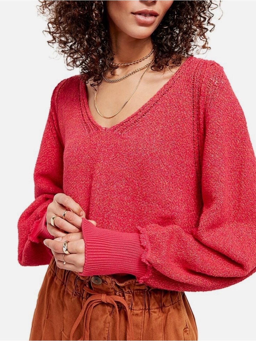 Free People Coral-Pink V-Neck Balloon Sleeve Sweater